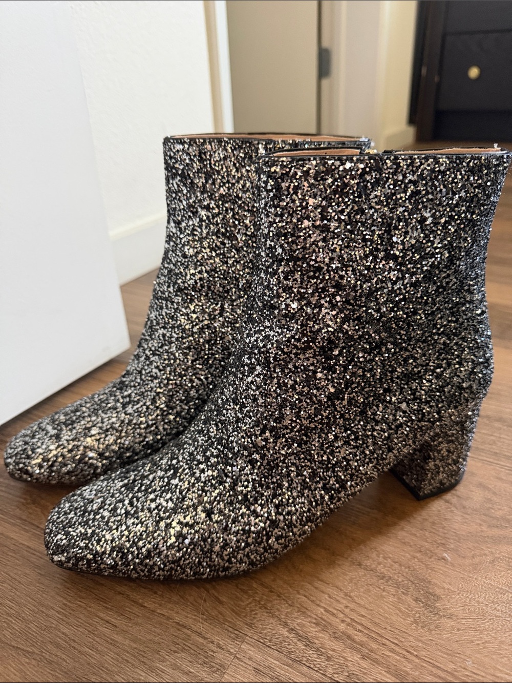 kate spade Black and Silver Glitter Block Heel Ankle Boots